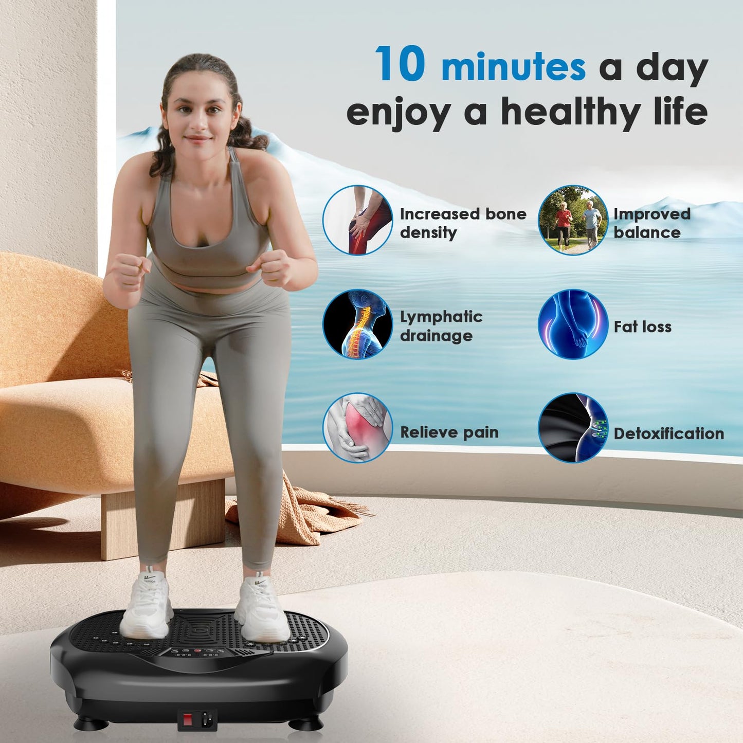 Natini Vibration Plate Exercise Machine - Whole Body Workout Vibration Platform Lymphatic Drainage Machine for Weight Loss Home Fitness W/Pilates Bar Resistance Bands Remote - Black