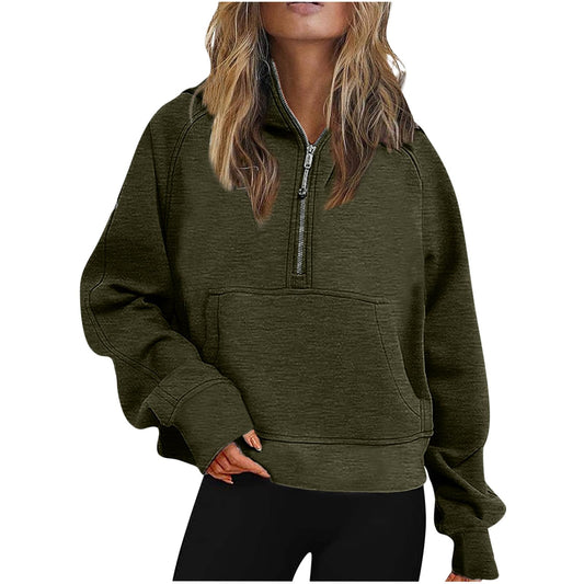 Ceboyel Womens Quarter Zip Sweatshirt 2023 Fleece Oversized Sweaters Cropped Pullover Hoodies Fall Trendy Outfits Clothing Trending Fall Clothes for Women 2023 Green Xl