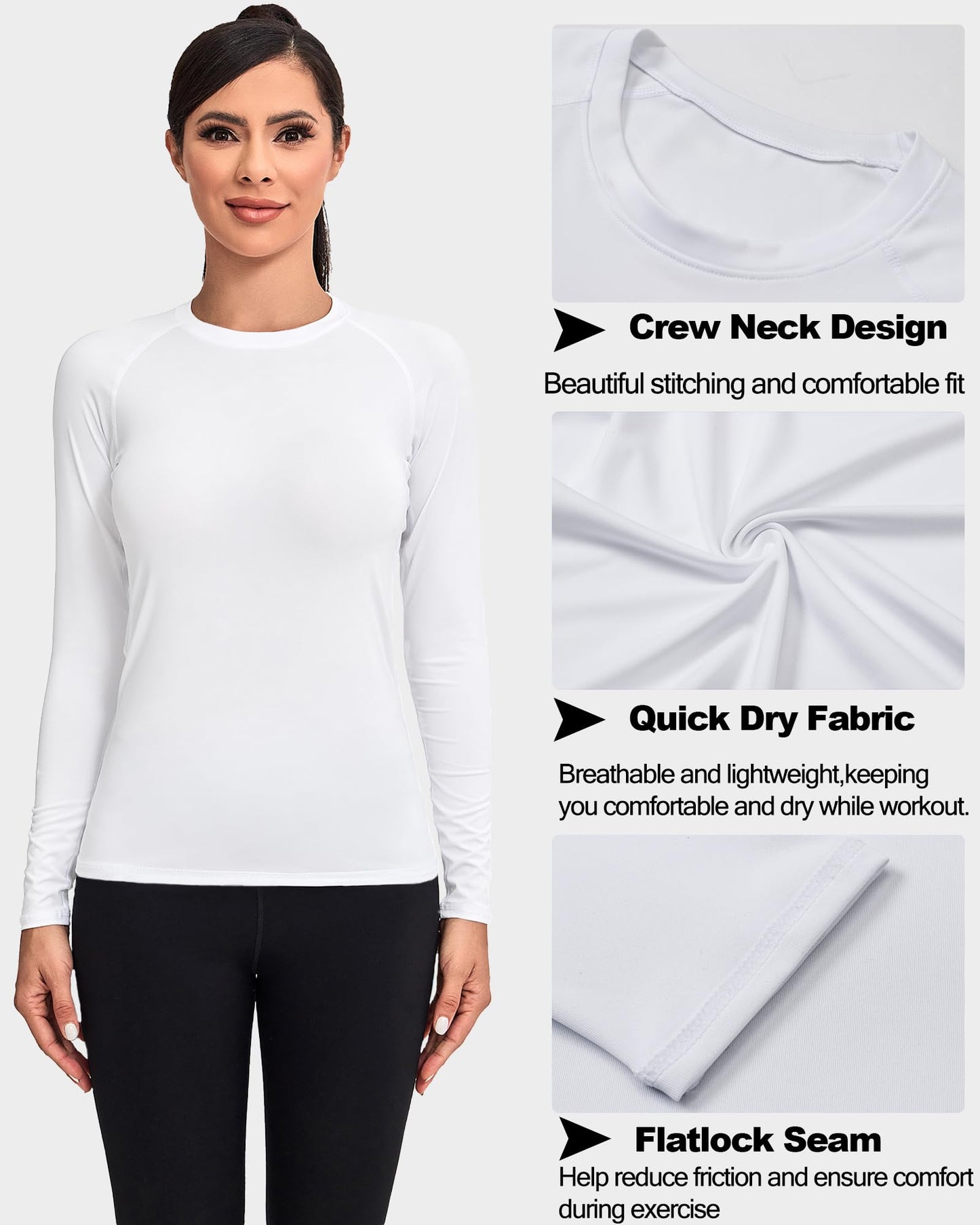 TELALEO 4 Pack Women's Compression Shirt Long Sleeve Performance Workout Baselayer Athletic Top Sports Gear-Black/Black/White/White Large