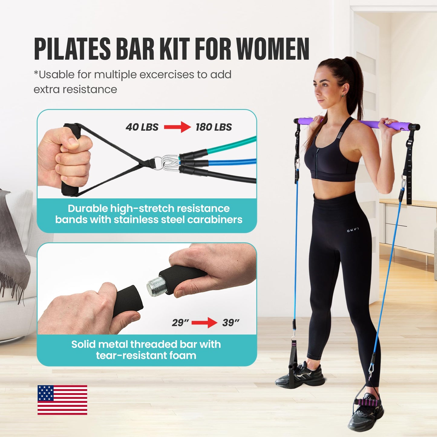 Pilates Bar Kit with Resistance Bands – Adjustable 39” Steel Bar & 6 Stackable Bands (40-180lbs), Full Body Pilates Kit for Home Workouts for Women & Men, Portable Pilates Reformer Strength Training