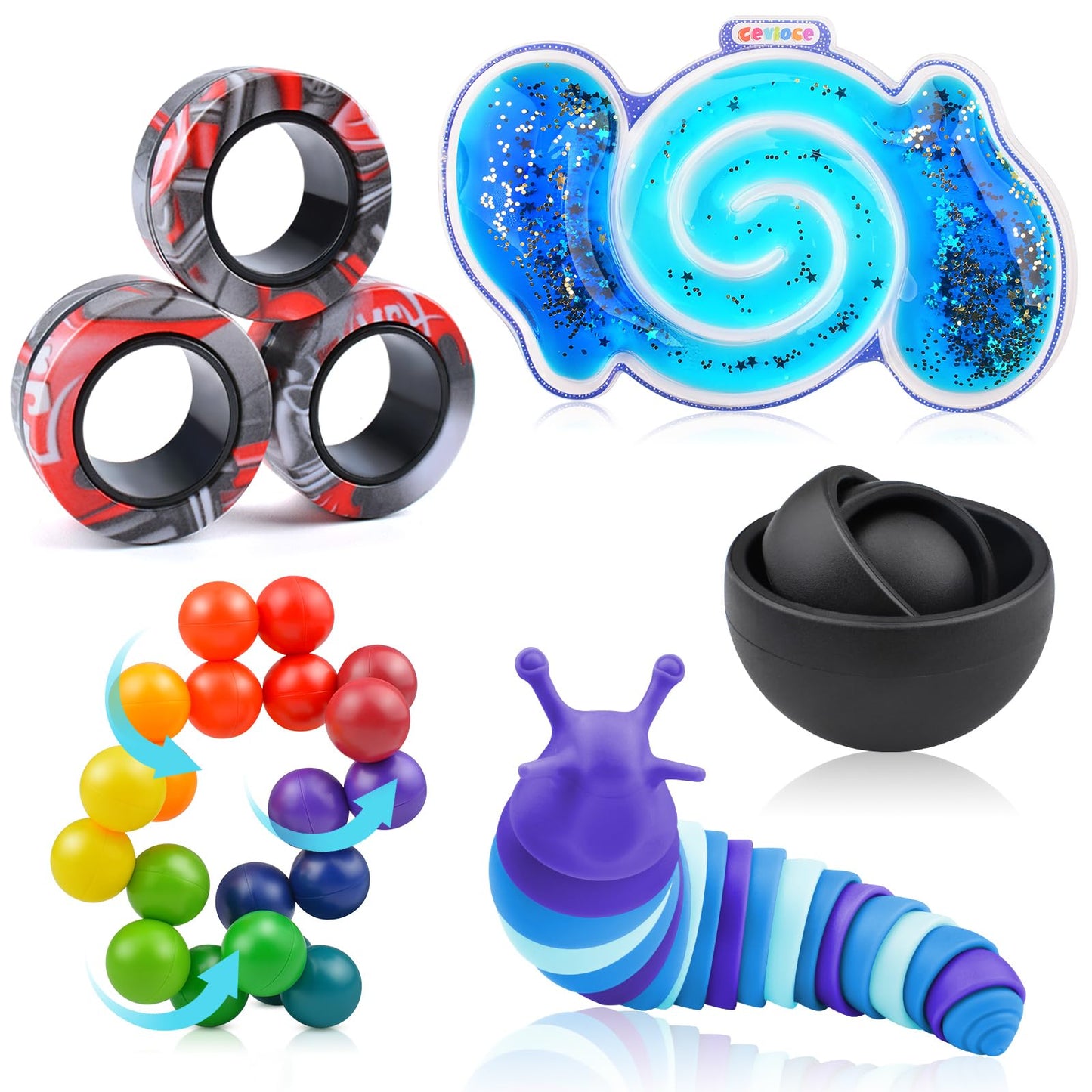 Cevioce 5Pcs Fidget Toys Adults Pack,Stocking Stuffers for Teens Boys Girls,Autism Sensory Toys with Fidget Spinner Slug Magnetic Rings,Squishy Fidget Toys ADHD Stress Relief, for Kid-B