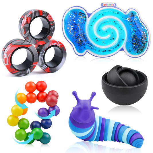 Cevioce 5Pcs Fidget Toys Adults Pack,Stocking Stuffers for Teens Boys Girls,Autism Sensory Toys with Fidget Spinner Slug Magnetic Rings,Squishy Fidget Toys ADHD Stress Relief, for Kid-B