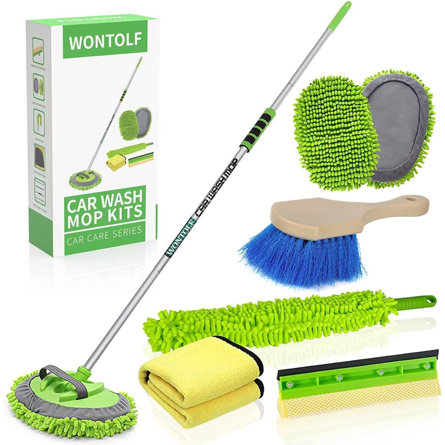 Wontolf 62'' Car Wash Brush with Long Handle Chenille Microfiber Car Wash Mop Mitt Car Cleaning Kit Windshield Window Squeegee Car Duster Microfiber Towels Wheel Tire Brush for Cars RV Truck Boat