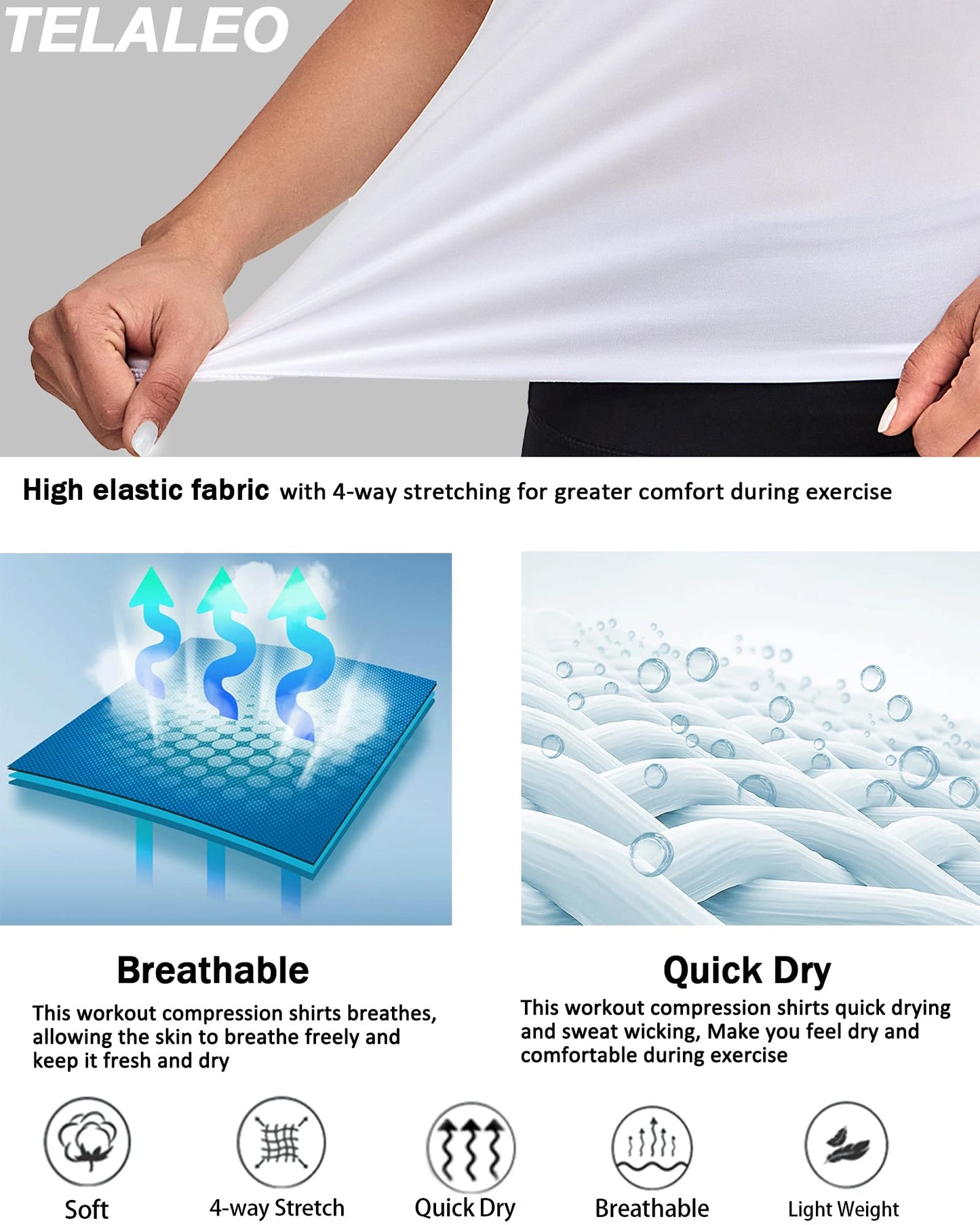 TELALEO 4 Pack Women's Compression Shirt Long Sleeve Performance Workout Baselayer Athletic Top Sports Gear-Black/Black/White/White Large