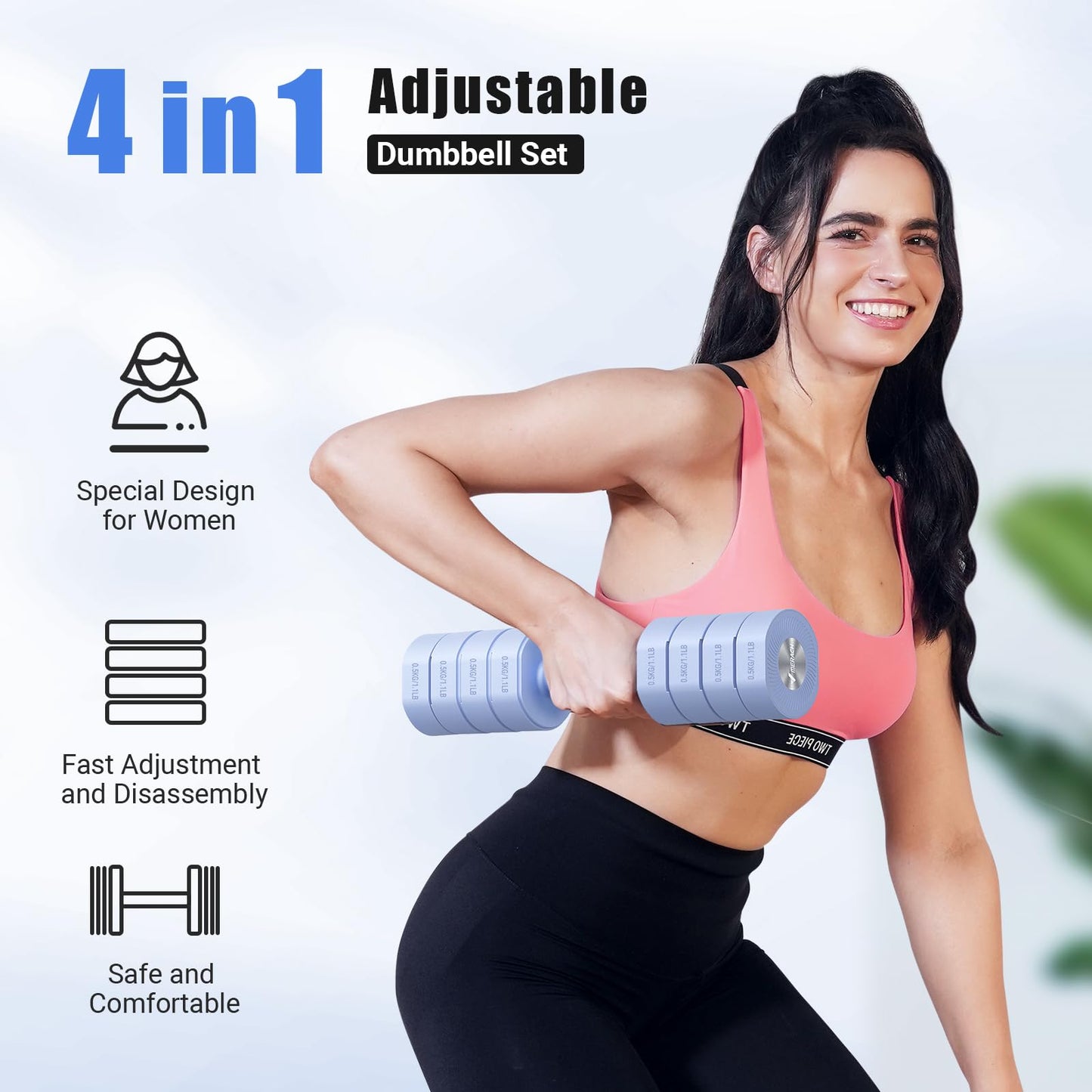 Dumbbell Set of 2, MERACH Adjustable Weight, Anti-slip Handle, Macaron Colors, Each 2.2/4.4/6.6/8.8 lbs, 4 in 1 Hand Weights for Women at Home, Blue