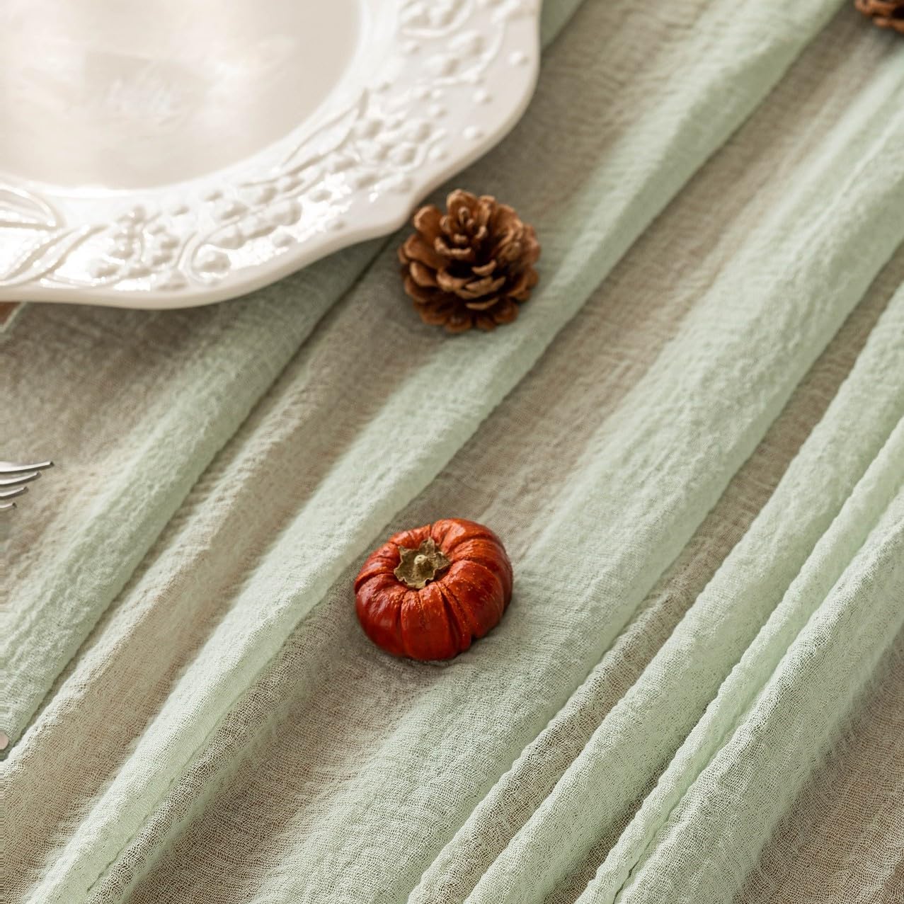 Keketo Sage Green Easter Table Runner Cheesecloth 120 Inch 10 FT Rustic Boho Cheese Cloth Table Runner for Wedding Baby Shower Bridal Shower Sheer Gauze Centerpiece Spring Home Decorations