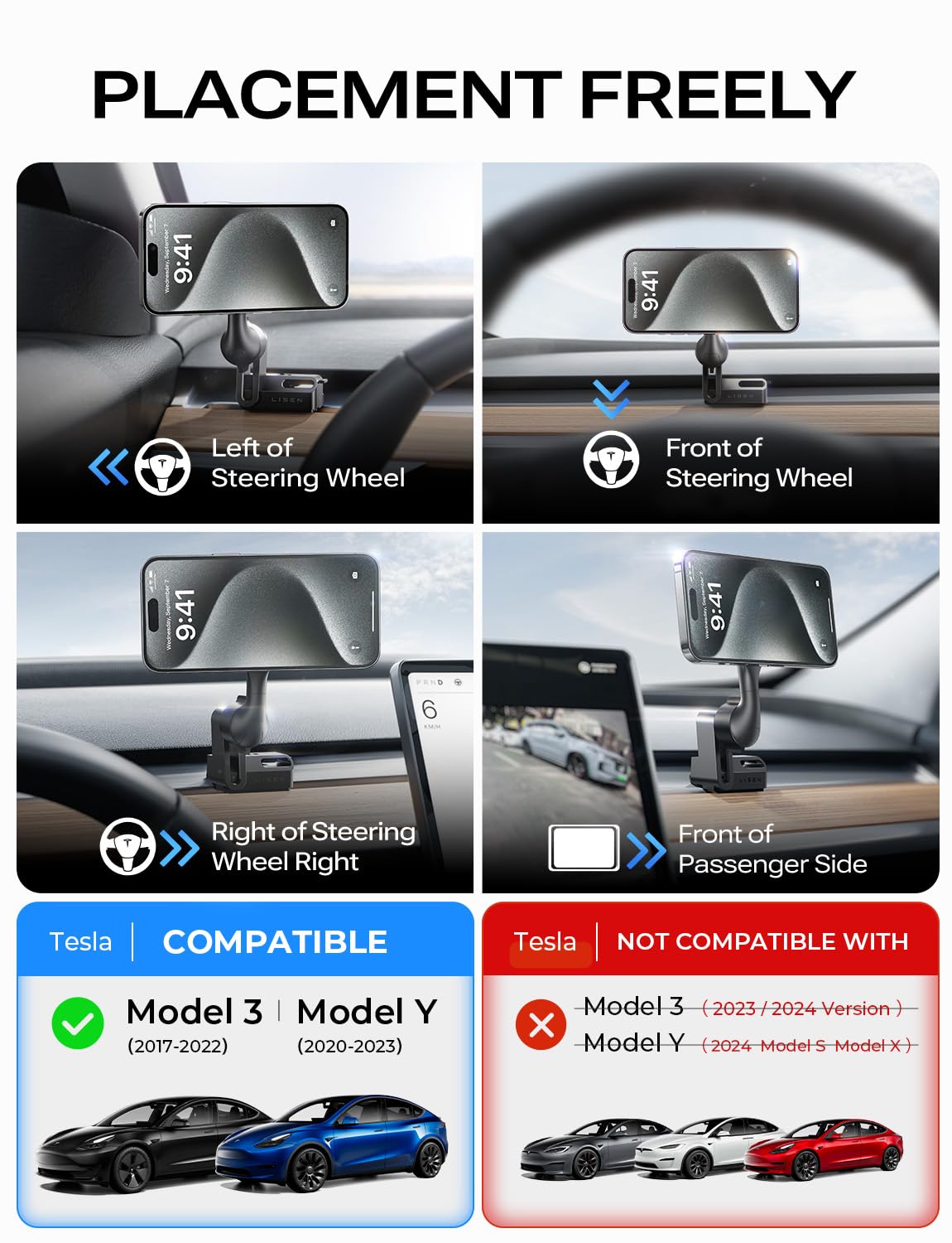 LISEN for Tesla Phone Mount, MagSafe Car Mount [Never Block] for Model 3 Y Accessories, Phone Holder Fits iPhone 16 Pro Max Plus 15 14 [NOT FIT 2024 Model 3 Y]