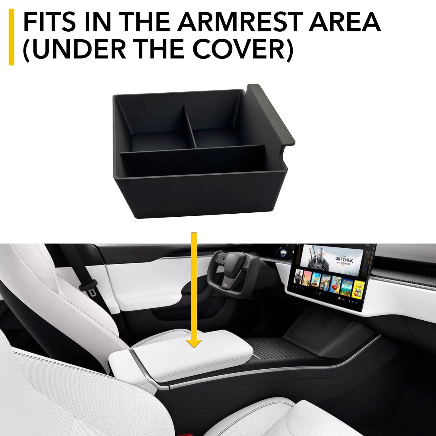 TWRAPS Center Console Organizer for Tesla Model X and Tesla Model S, Carbon Fiber Detail Armrest Storage Tray, Premium Faux Leather Inserts, Accessories Fit Model S/X 2025 2024 2023 2022 2021