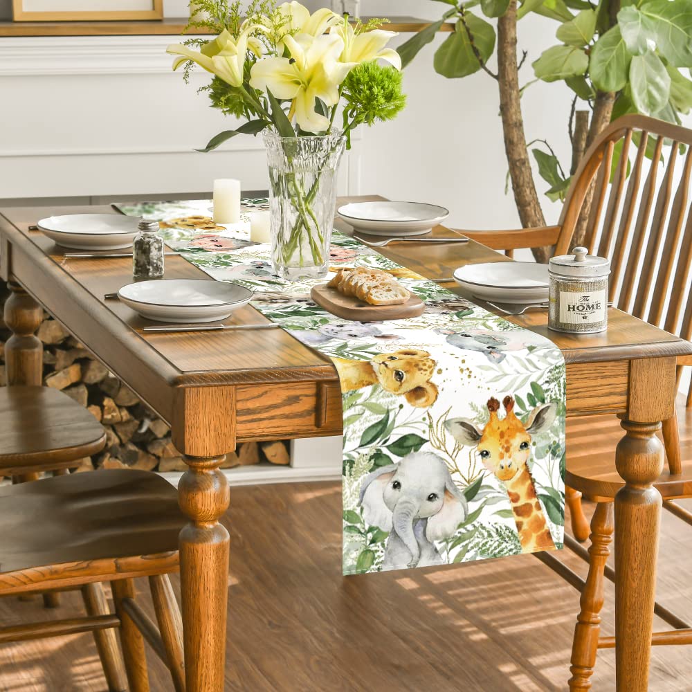 Artoid Mode Animals Elephant Giraffe Baby Shower Table Runner, Seasonal Spring Summer Kitchen Dining Table for Home Party Decor 13x60 Inch