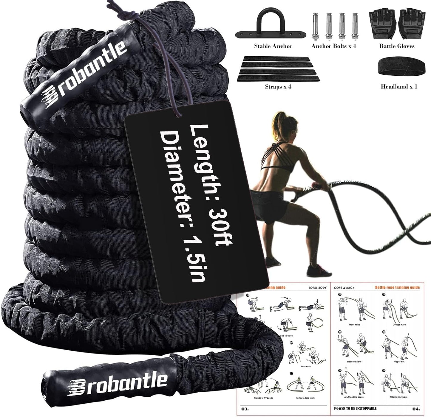Battle Rope 30FT Battle Rope for Exercise Workout Rope Exercise Rope Battle Ropes for Home Gym Heavy Ropes for Exercise Training Ropes for Working Out Weighted Workout Rope (1.5 Inch 30 FT)