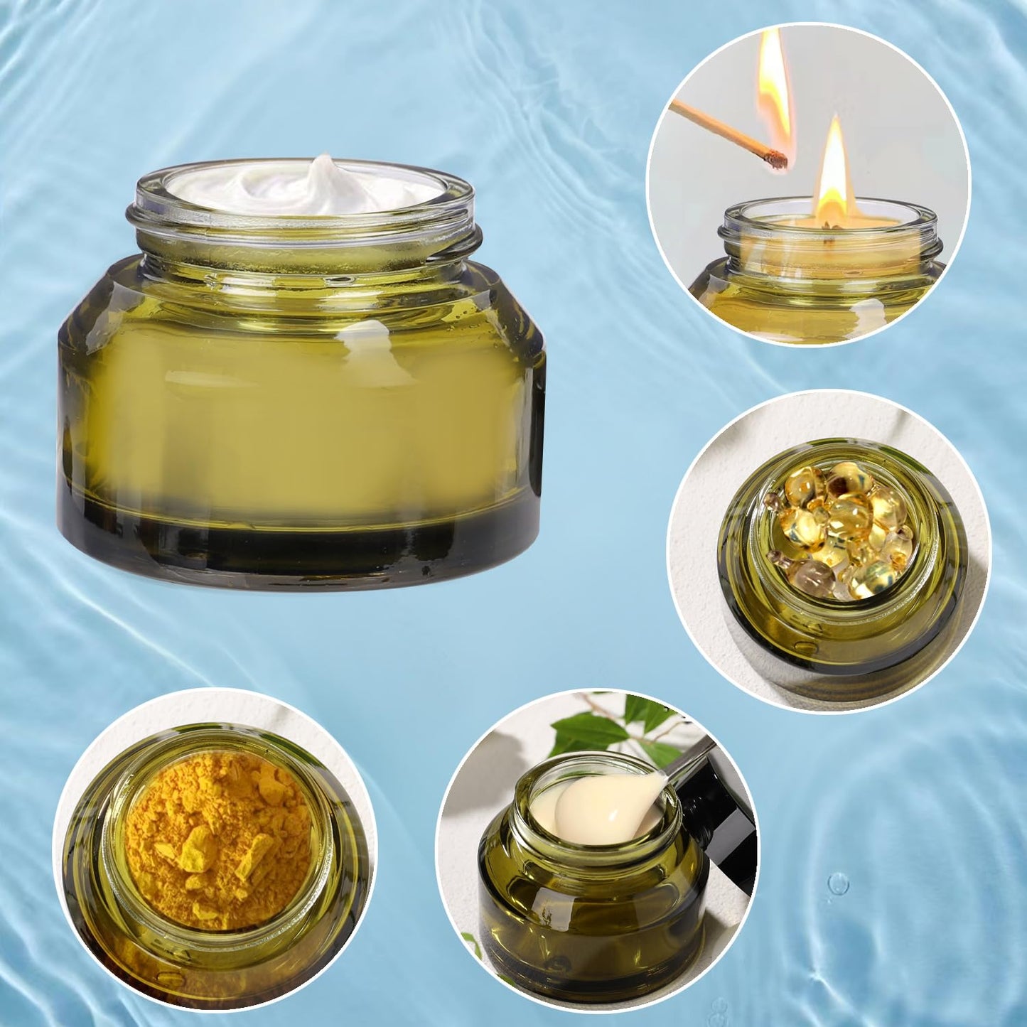 1.7 oz Glass Cosmetic Jars With Lids, 3 Pack Small Containers, 50 ml Green Empty Makeup Jars for Sample, Cream, Lotion