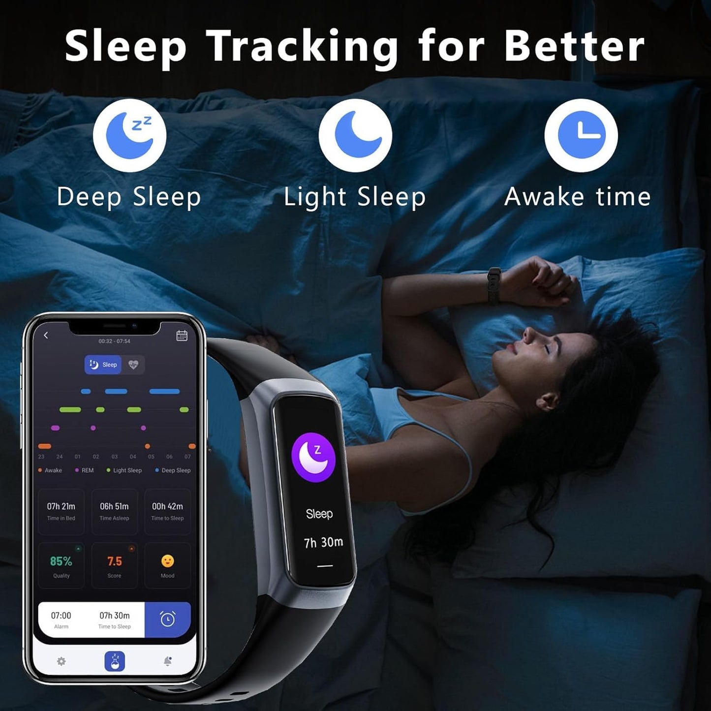 Fitness Tracker with 24/7 Heart Rate Sleep Blood Oxygen Monitor,IP68 Waterproof Smart Watch,1.10''AMOLED Touch Color Screen,Step Counter Health Activity Trackers for Women Men (Dark Black)