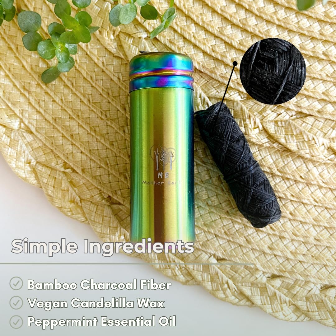 Vegan Biodegradable Bamboo Charcoal Dental Floss with Refillable Stainless Steel Rainbow Container with 30m x4 Refill | Peppermint Essential Oil | Eco Friendly Zero Waste Oral Care