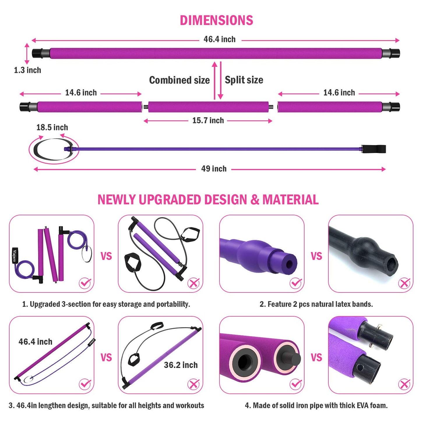 Viajero Pilates Bar Kit with 2 Latex Exercise Resistance Bands for Portable Home Gym Workout, 3-Section Sticks All-in-one Strength Weights Equipment for Body Fitness Squat Yoga with E-Book Video