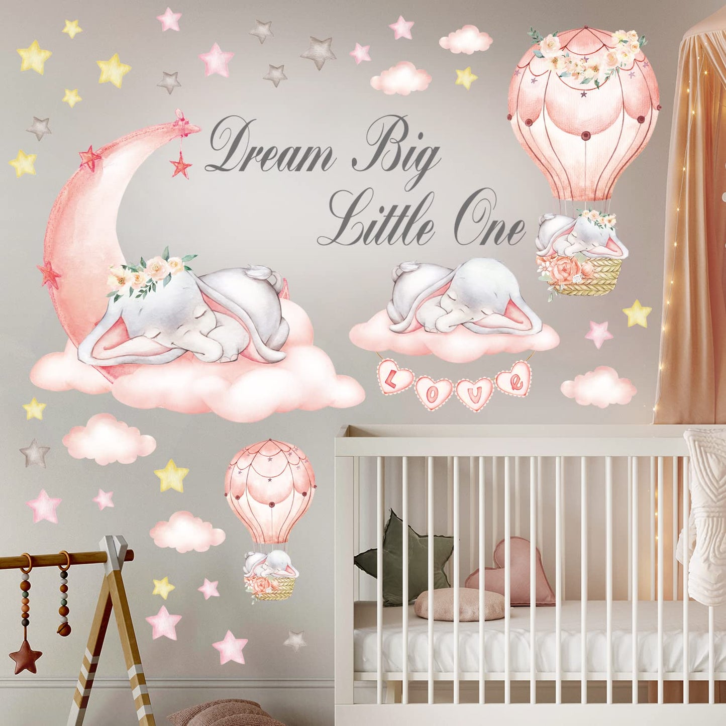 DECOWALL SG-2203 Dream Big Little One Wall Stickers Elephant Quote Moon Stars Decal for Kids Baby Bedroom Nursery Living Room Art Home Decor Decoration Removable Baby Girl Pink