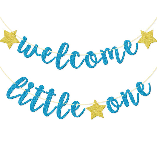 Welcome Little One Glitter Banner, Pre-strung Baby Shower Banner, Gender Reveal Party Decor (Blue)