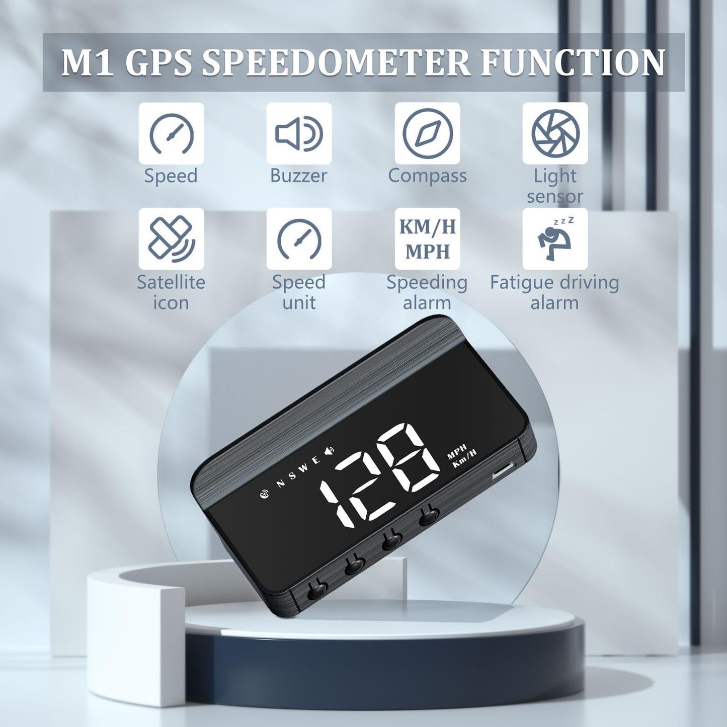 Liiiyuan M1 White Windshield Projection Heads Up Display, Digital GPS Speedometer with Speed, Travel Direction Function, and Overspeed Alarm, Fatigue Driving Alarm， Suitable for All Vehicles