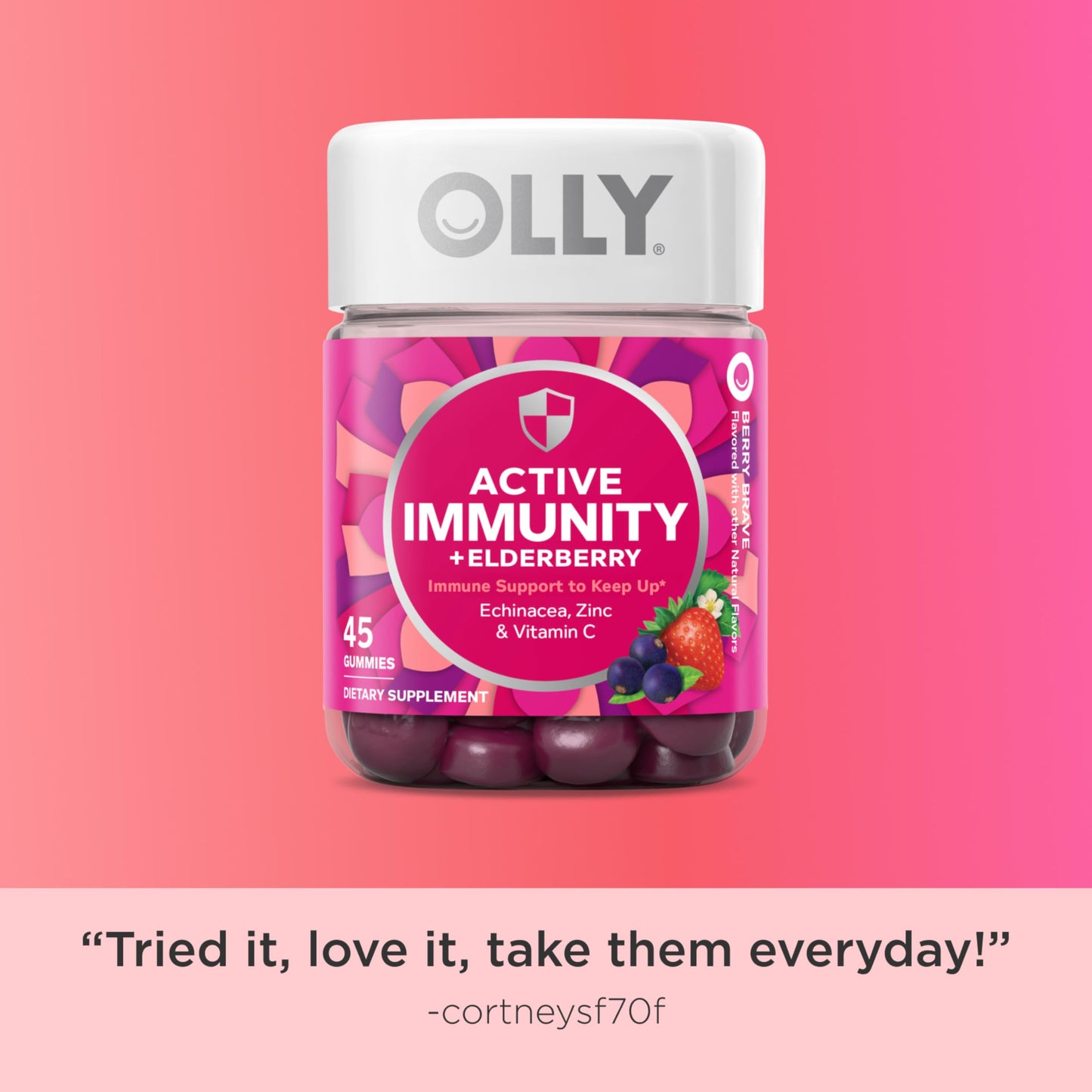 OLLY Immunity Gummy, Immune Support, Elderberry, Zinc, Vitamin C, Supplement, Berry Flavor, 15 Day Supply - 45 Count