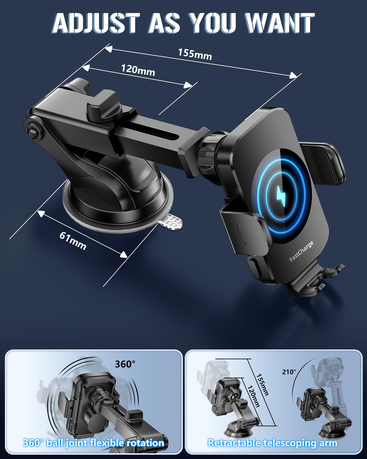 BothLin Wireless Car Charger, Fast Charging Phone Holder 3 in 1 Phone Mount Auto Clamping Car Accessories Compatible with iPhone 16 15 14 13 12 11 Xs XR, Samsung S23 Ultra S22 S21 S20/S10+ S9+ Note 9