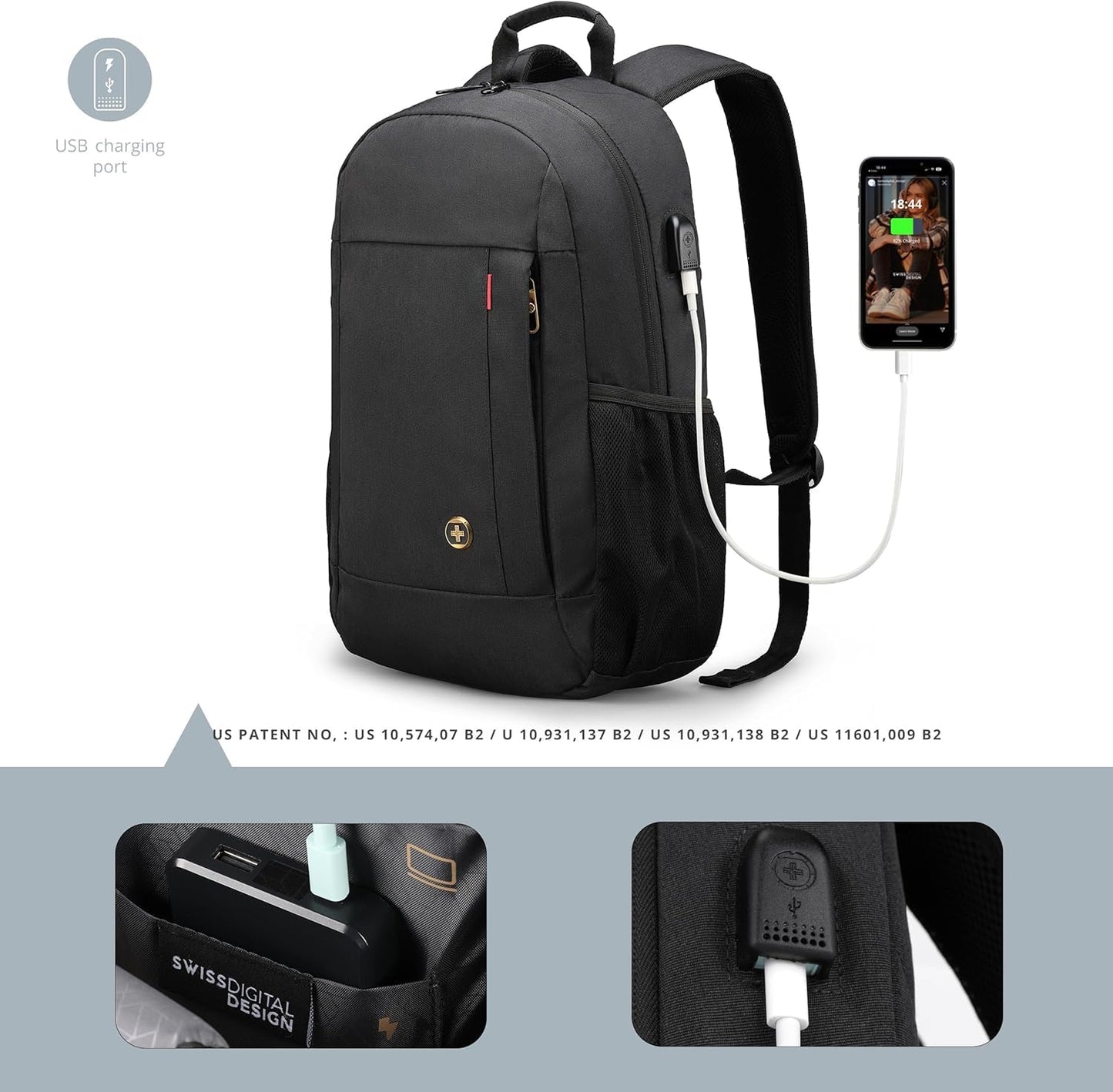 Swissdigital Design Travel Laptop Backpack, Business Anti Theft Slim Sturdy Laptops Backpack with USB Charging Port, College Tech Backpacks SD1634