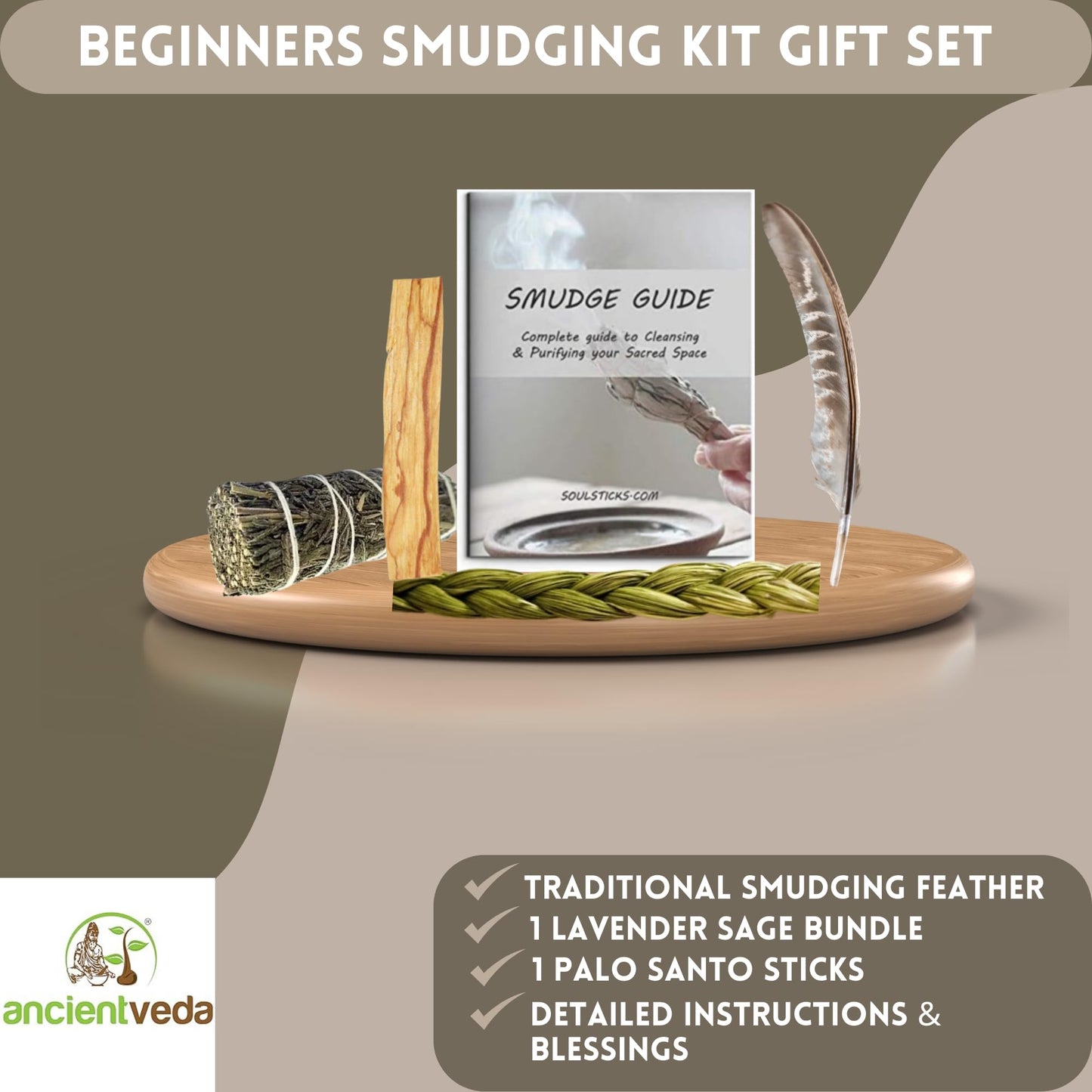 Ancient VEDA Sage Smudge Kit | Lavender, Sweetgrass, & Palo Santo Sticks Smudging Kit for Meditation, Yoga, Reiki, Home Cleansing, & Aromatherapy (Starter Kit, Lavender Sage)