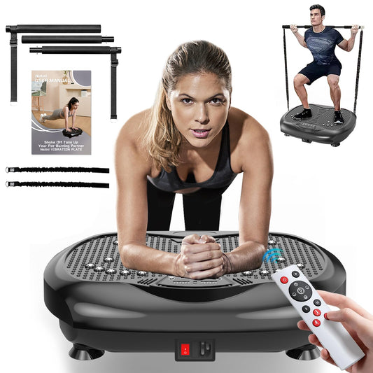 Natini Vibration Plate Exercise Machine - Whole Body Workout Vibration Platform Lymphatic Drainage Machine for Weight Loss Home Fitness W/Pilates Bar Resistance Bands Remote - Black