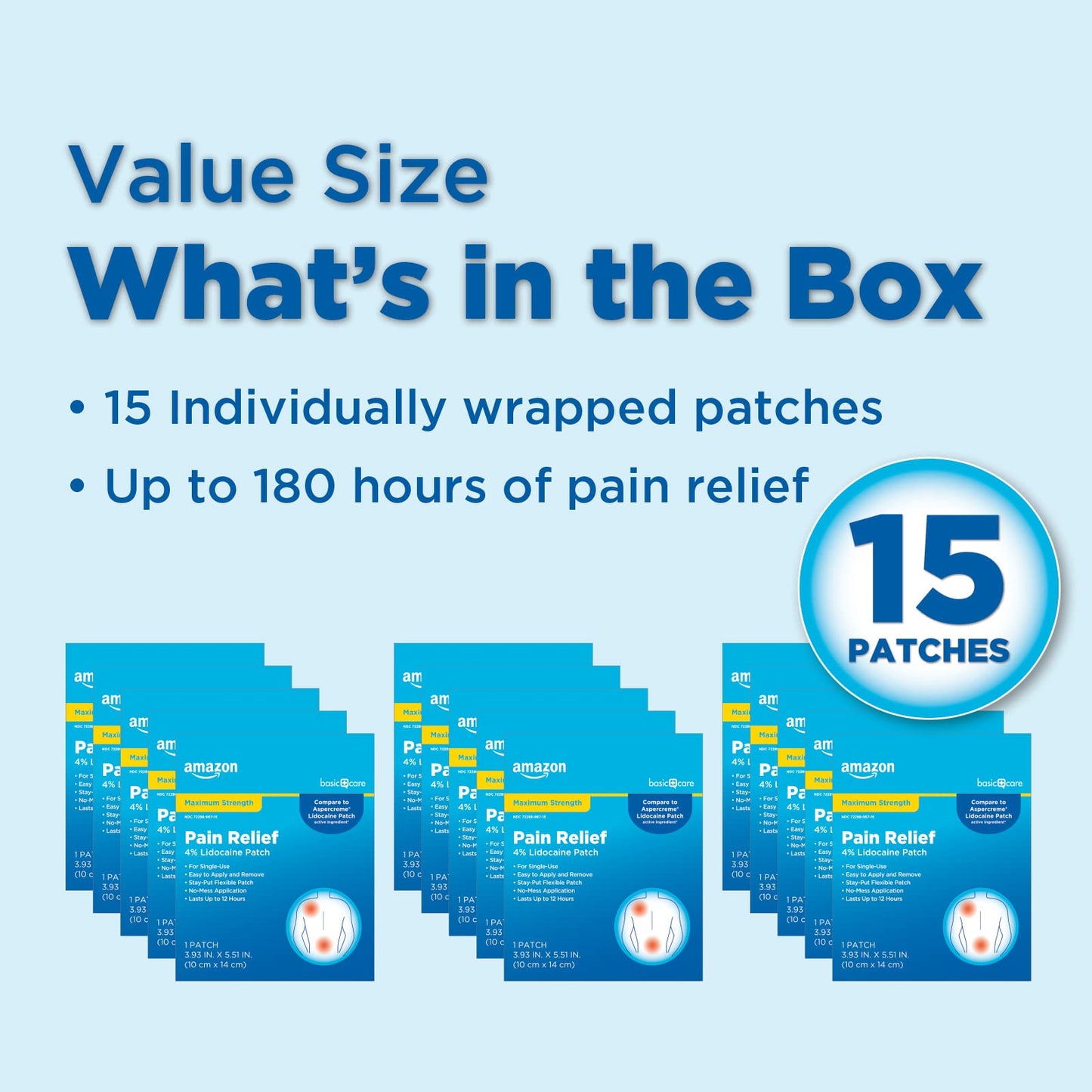 Amazon Basic Care Maximum Strength OTC Pain Relief , 4% Lidocaine Patch, 3.9” x 5.5”, 15-Count Box (Previously HealthWise)