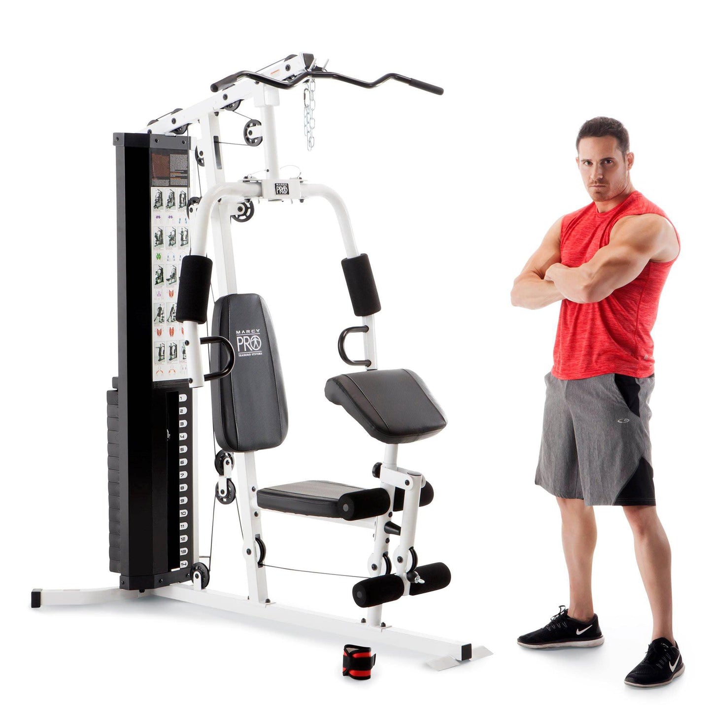 Marcy Home Gym Workout Station with Curl Pad, Lat Pulldown, Leg Developer & Weights, White