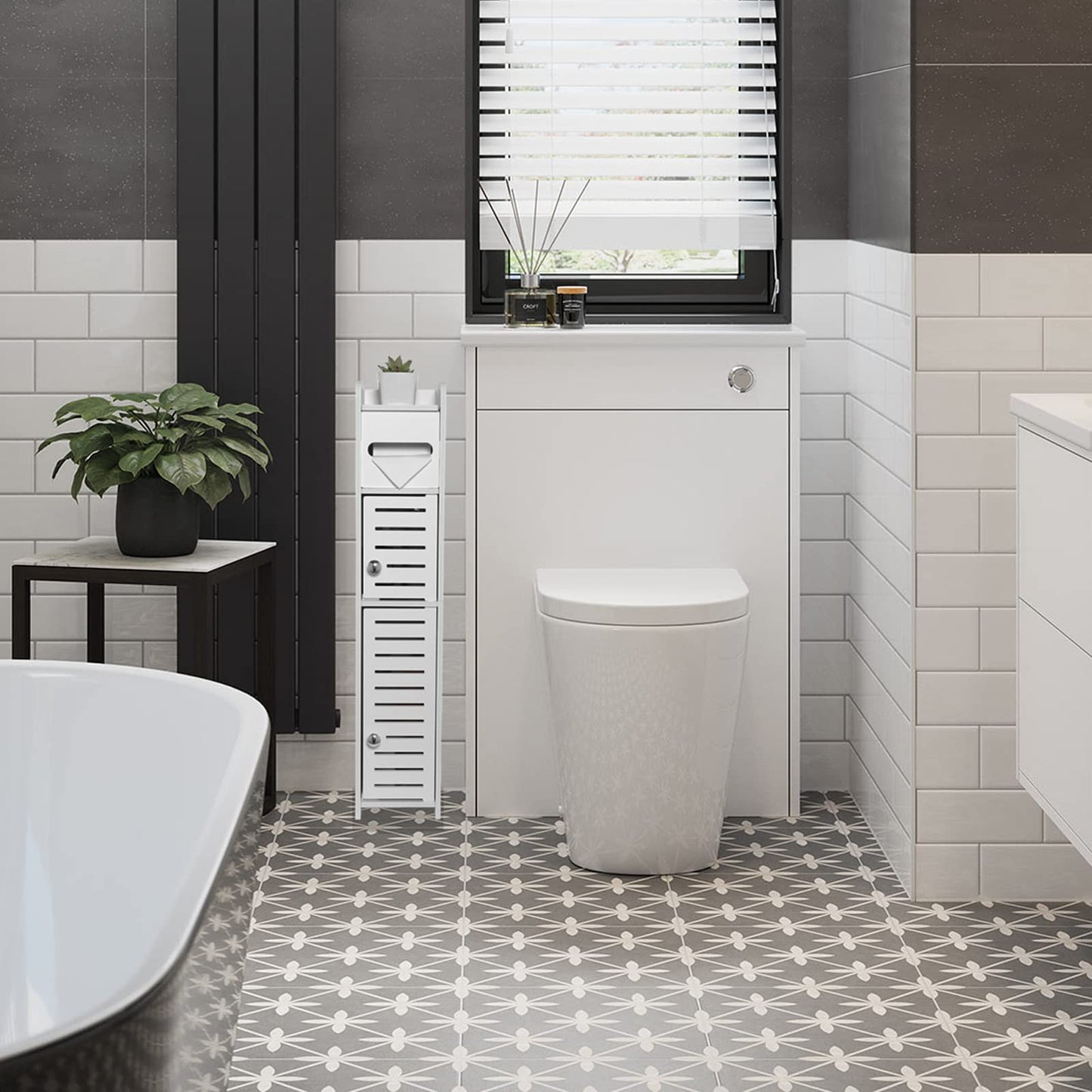 TuoxinEM Storage Cabinet for Small Spaces, Over The Toilet Cabinet for Skinny Bathroom Storage Corner Floor, Slim Paper Storage with 2 Doors & Shelves (White)