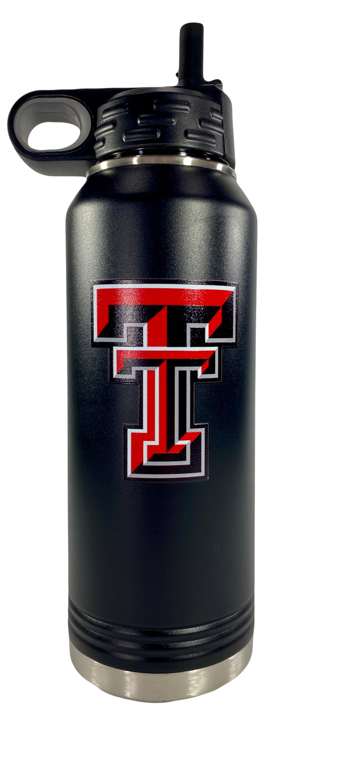 Texas Tech 32oz Stainless Steel Double Walled Black Beverage Bottle with Flip Straw Spout - College Gear for Playoff Season – For Office, Home or Auto – Show your Red Raider Prider