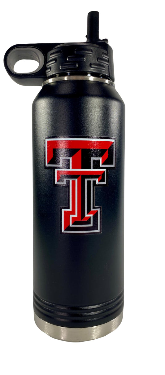 Texas Tech 32oz Stainless Steel Double Walled Black Beverage Bottle with Flip Straw Spout - College Gear for Playoff Season – For Office, Home or Auto – Show your Red Raider Prider