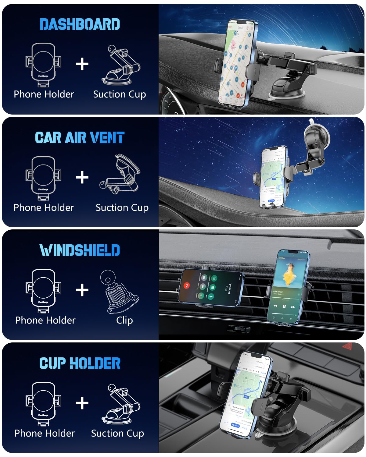 BothLin Wireless Car Charger, Fast Charging Phone Holder 3 in 1 Phone Mount Auto Clamping Car Accessories Compatible with iPhone 16 15 14 13 12 11 Xs XR, Samsung S23 Ultra S22 S21 S20/S10+ S9+ Note 9