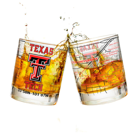 Greenline Goods Texas Tech University Whiskey Glass Set (2 Low Ball Glasses) - Contains Full Color Raider Red Logo & Campus Map - Gift Idea for Texas Tech College Grads & Alumni - Glassware