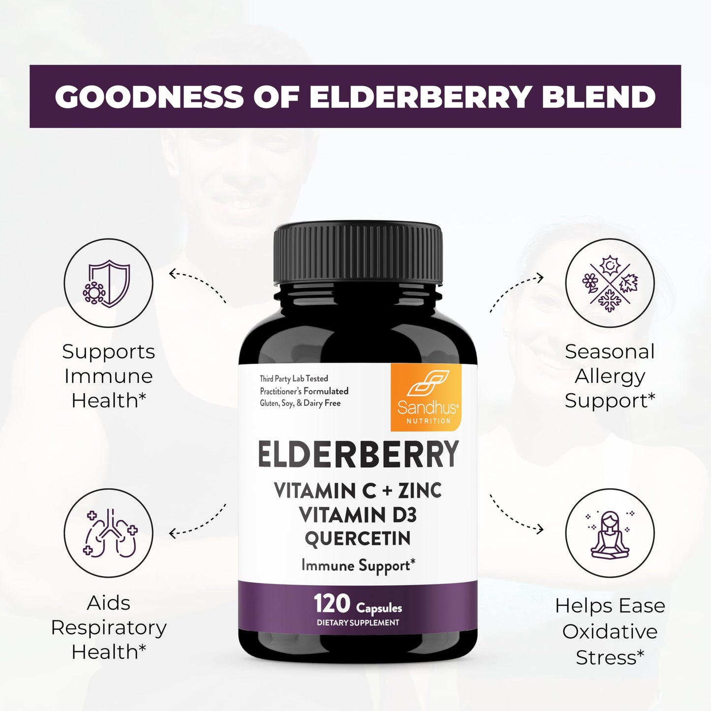 Elderberry Vitamin C and Zinc 120 Capsules | with Quercetin and Vitamin D3 | Immune Support for Adults | Herbal Supplement for Men and Women | 2 Months Supply | Natural Immunity Booster