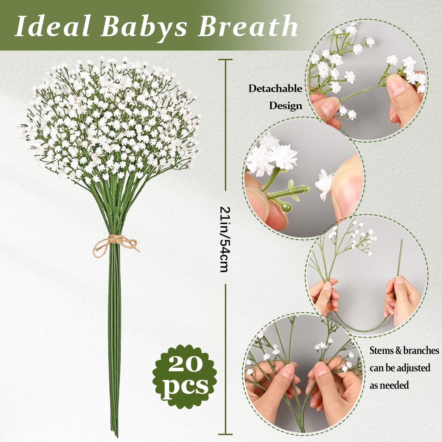 Artflower Babys Breath Artificial Flowers, 20Pcs Baby Breath Flowers Artificial Bulk, Fake White Gypsophila Babies Breath Real Touch Flowers for Wedding Bouquet Floral Arrangement Party Home Decor