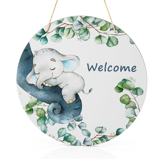 Elephant Theme Baby Boy Door Sign Gender Reveal Welcome Baby Sign Front Door Round Wood Sign Hanging Farmhouse Porch Outdoor Wall Home Decor for Baby Shower Holiday Birthday Party Supplies 12x12 Inch