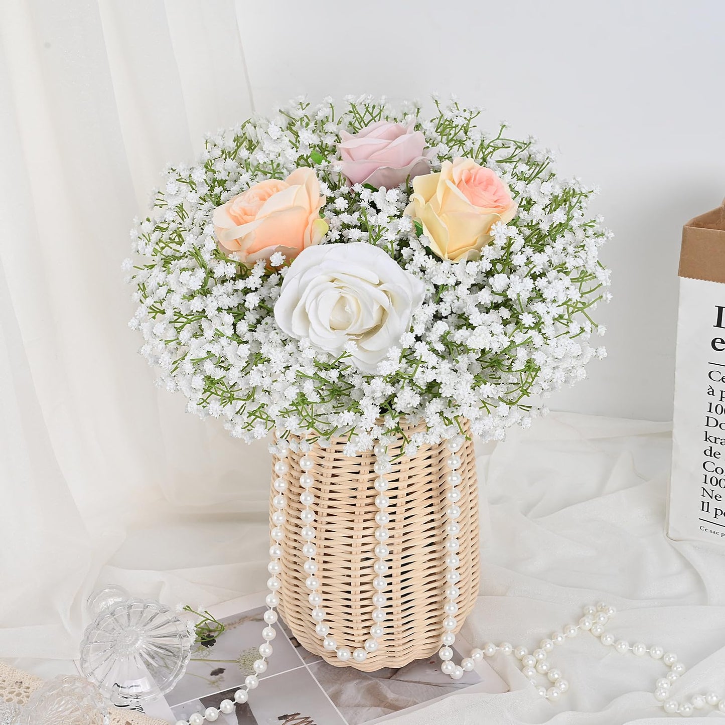 Dolicer 15 Pcs Babys Breath Artificial Flowers, White Long Stem Baby Breath Flowers Artificial Bulk, Real Touch Fake Babys Breath Gypsophila for Wedding Bridal Bouquet Party Arrangements Home Decor