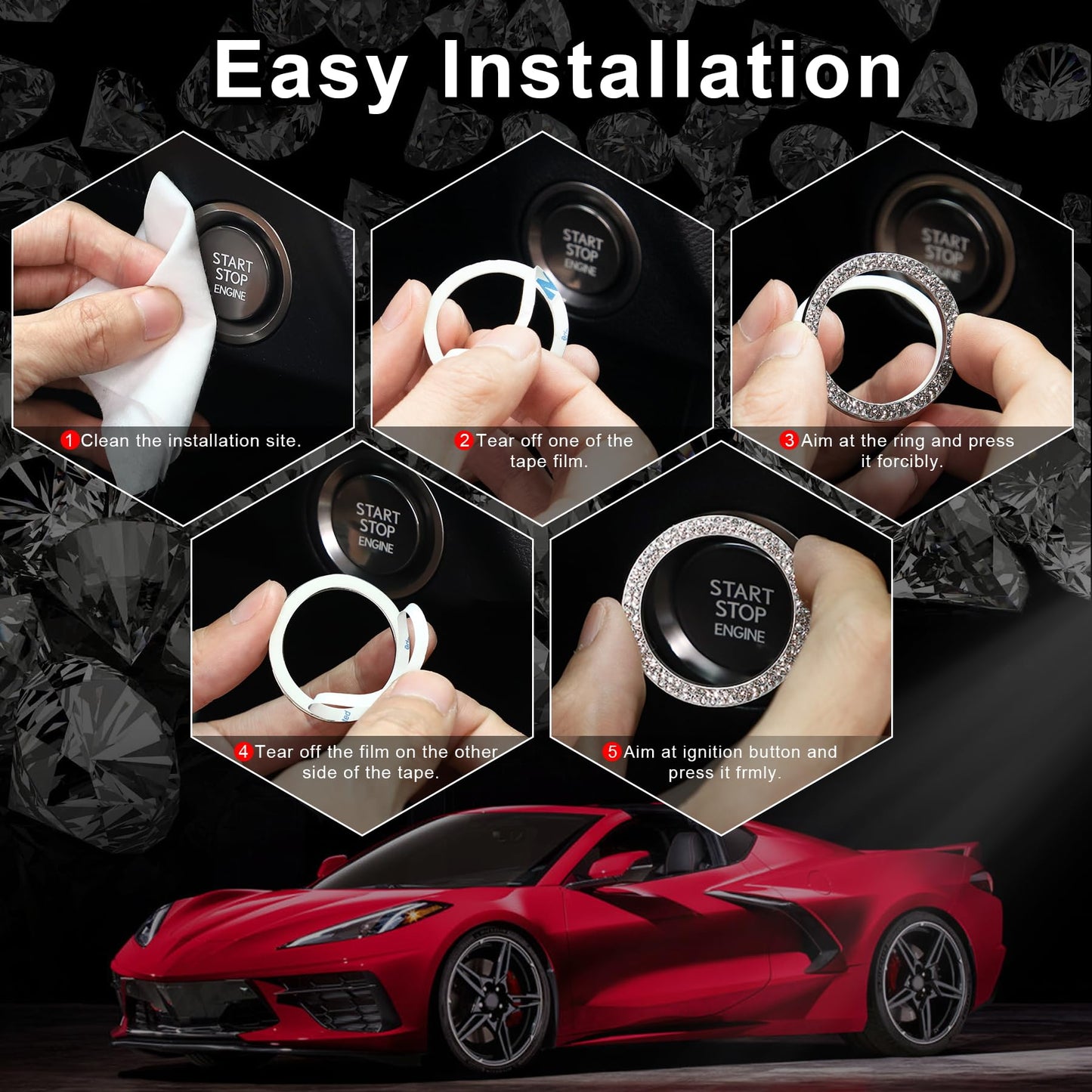 LivTee 2 PCS Crystal Double Rhinestone Car Engine Start Stop Decoration Ring, Bling Car Interior Accessories for Women, Push to Start Button Cover/Sticker, Key Ignition & Knob Bling Ring, Purple