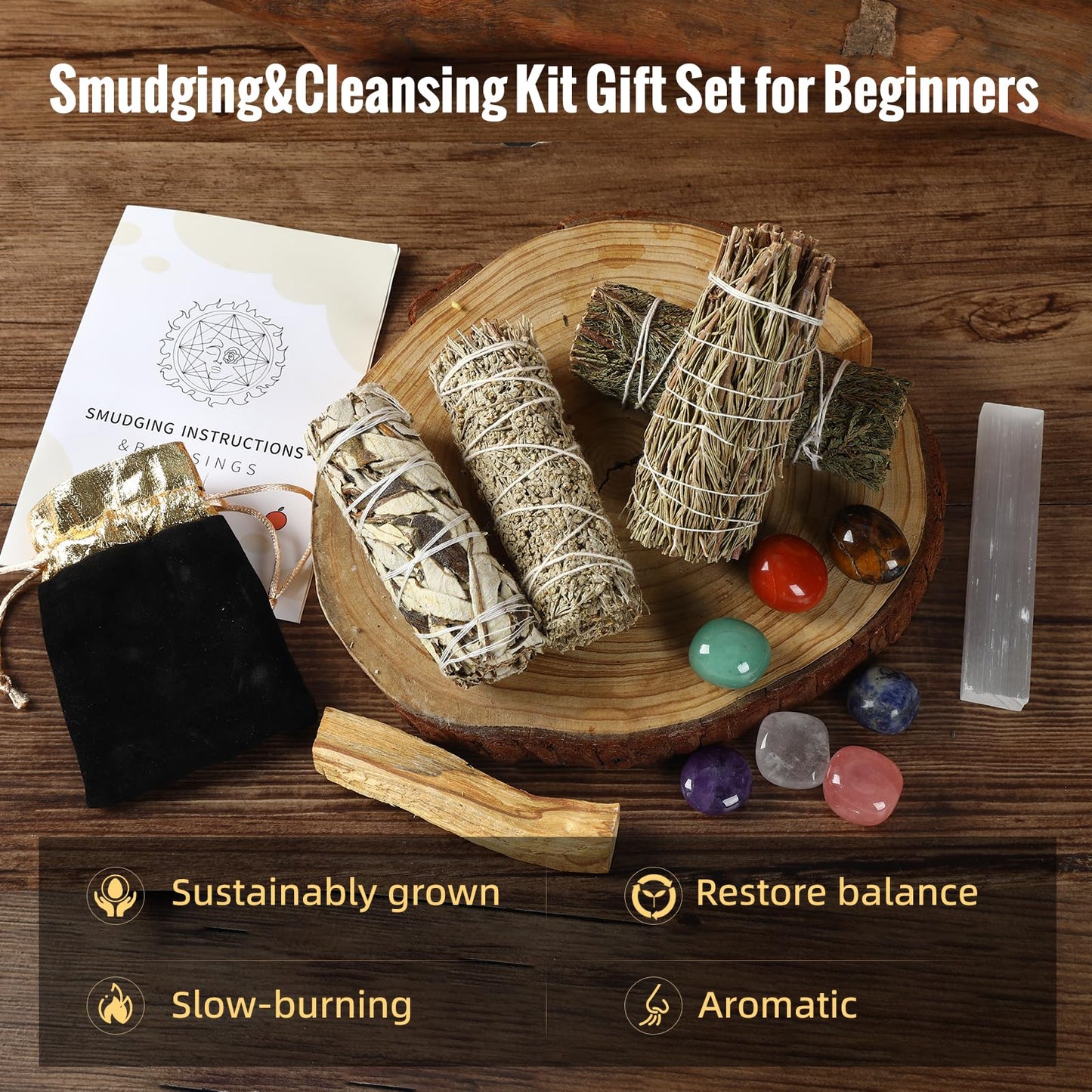 Sage Smudge Kit for Home Cleansing - Stress Relief Sage Kit, Smudge Sticks 4" Long, Smudging kit with Healing Crystals for Cleansing Negative Energy