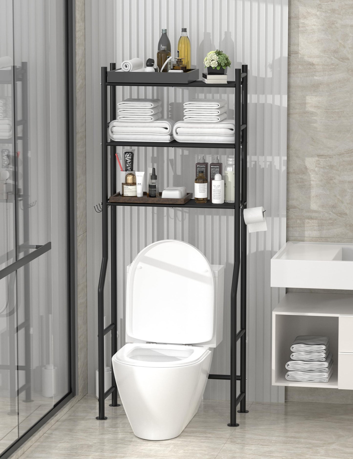 Livilord 3-Tier Over The Toilet Storage, Freestanding Metal Bathroom Shelves with 4 Hooks, Over Toilet Storage Shelf with Paper Holder, Above The Toilet Shelf for Bathroom Storage, Black