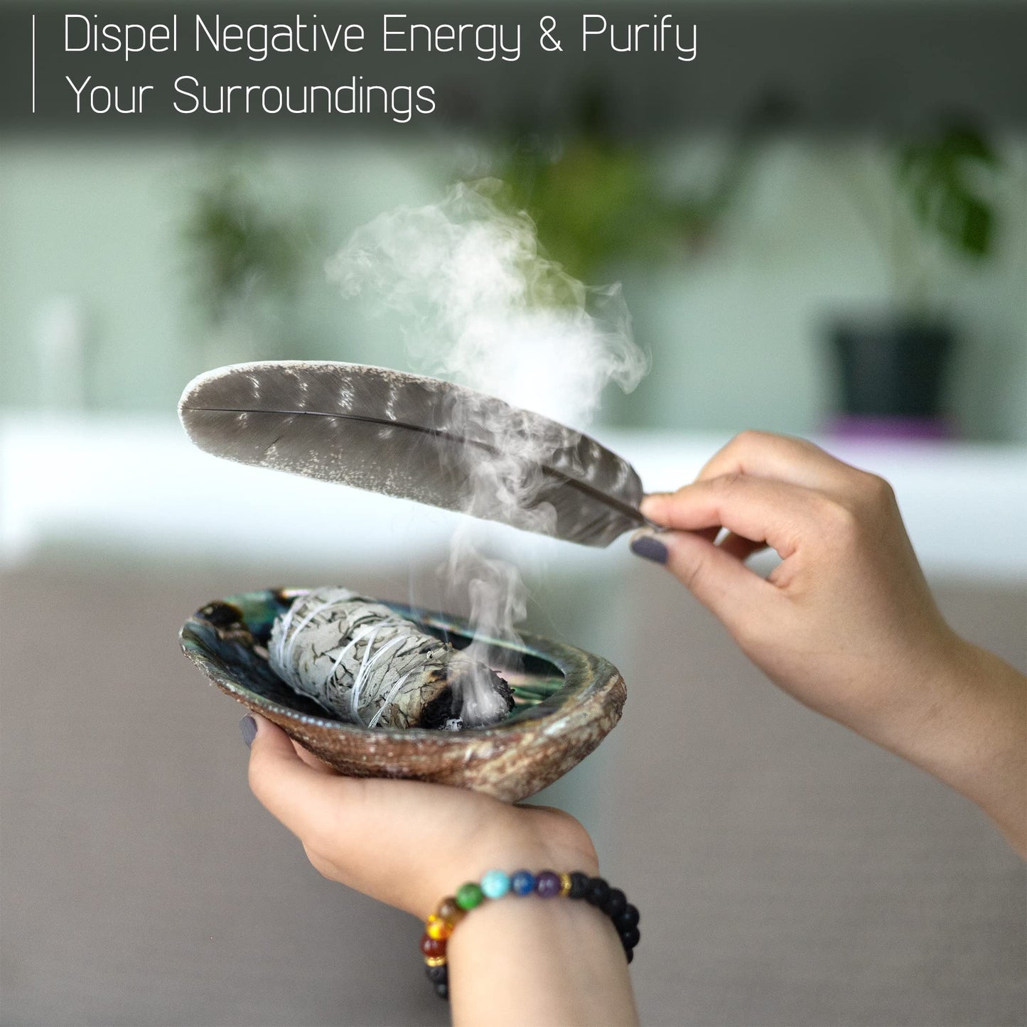 Wish Well Sage Smudge Kit ~ 4" Dragon Blood, Chakra Sage, White Sage Smudge Stick, 2 Palo Santo Sticks, Abalone Shell, Stand, Feather, 7 Chakra Stones & Crystal Bracelet ~ Cleansing House & Meditation