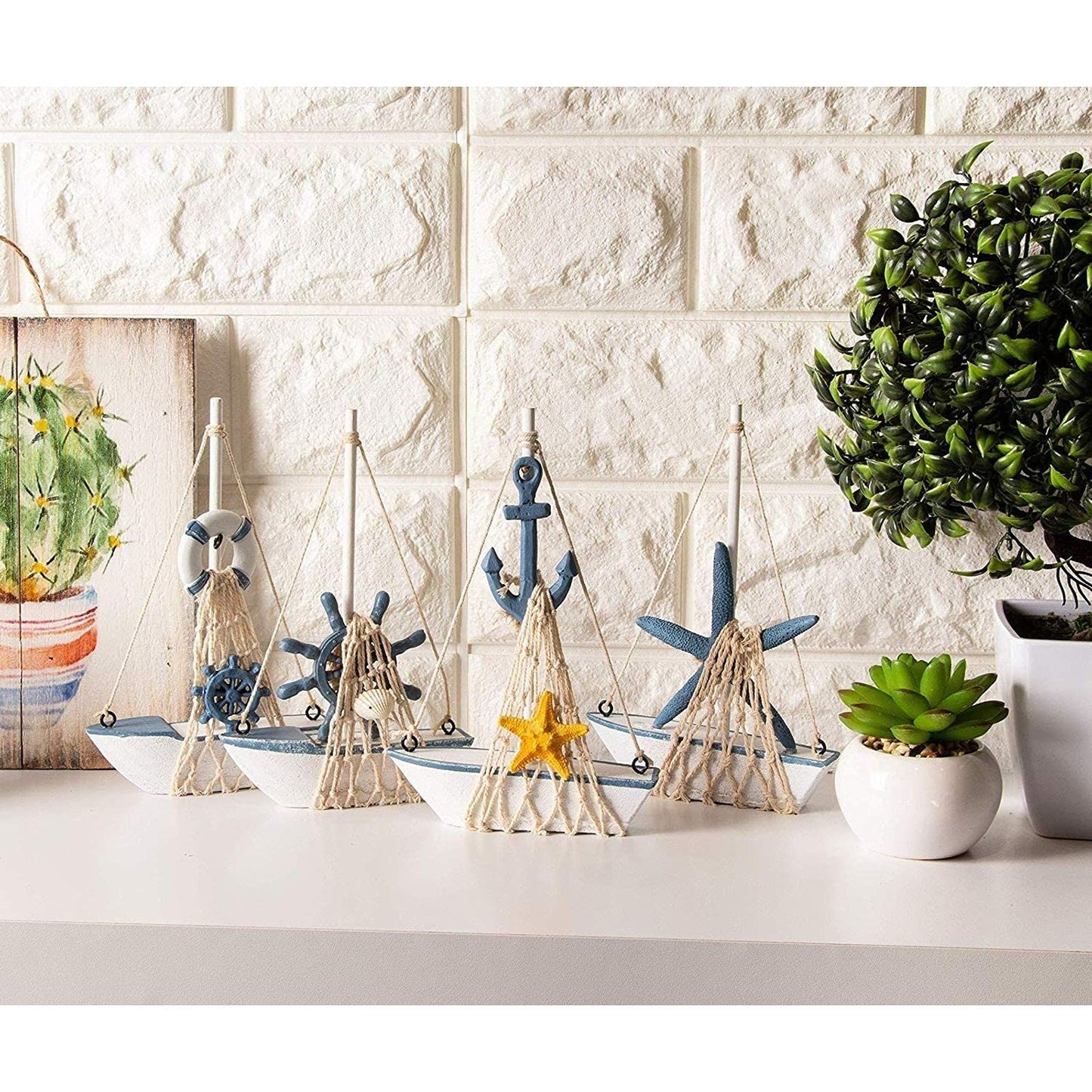 Juvale Set of 4 Mini Wooden Sailboat Models for Beach Nautical Home Decor, Miniature Boat Decorations