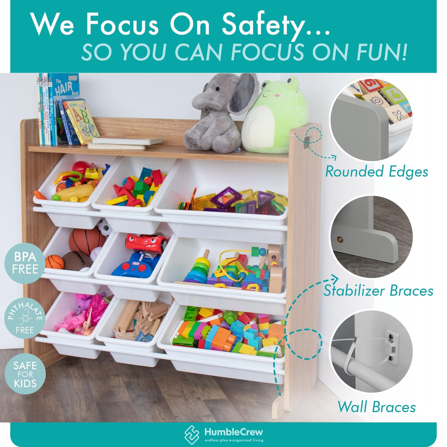 Humble Crew Toy Storage Organizer with Top Shelf and 9 Removable Bins, Natural/White – Toddler Bookshelf with Toy Organizer - Modern Toy Rack Ideal for Kids' Rooms, Playrooms, and Nurseries