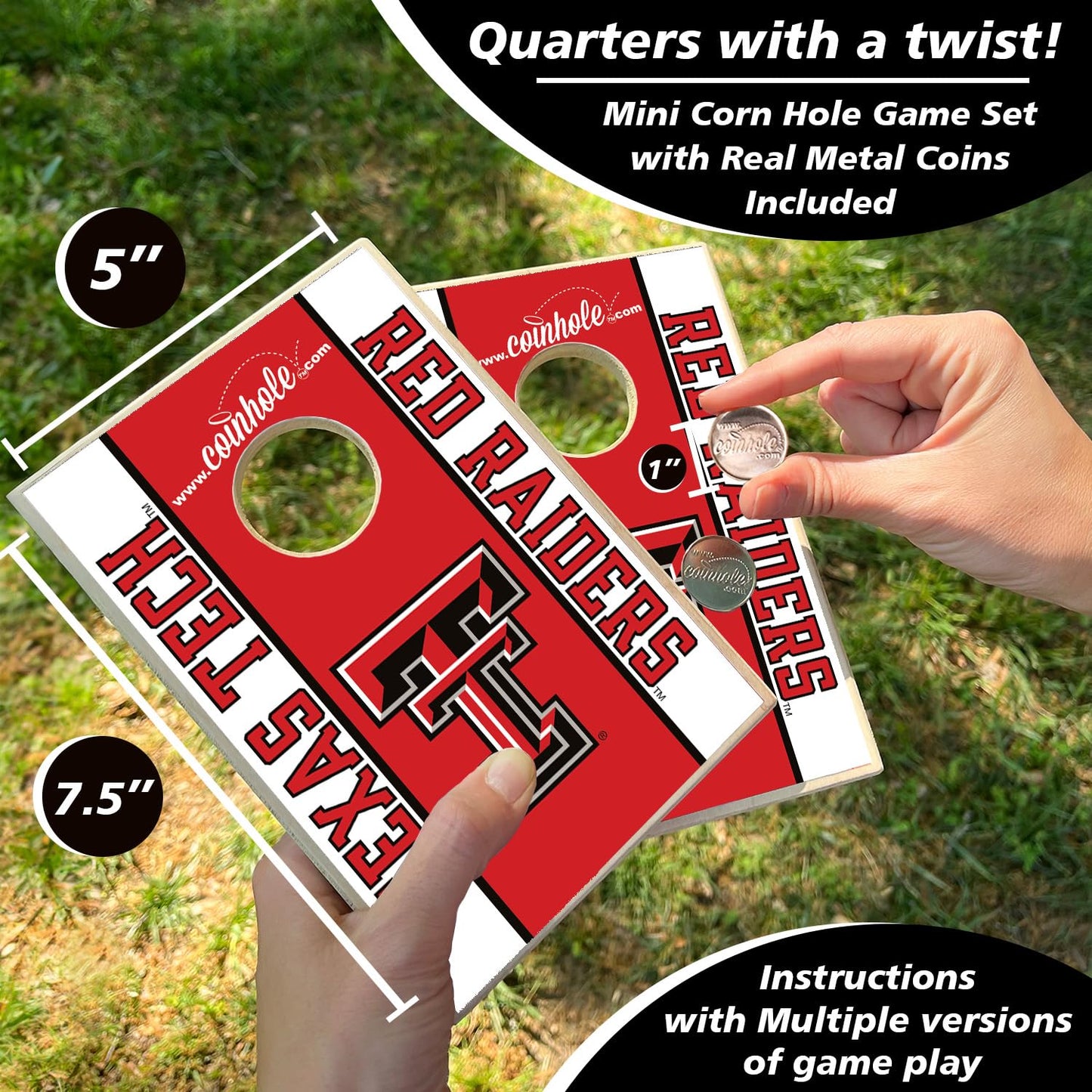Coinhole Mini Cornhole Game Set | Officially Licensed College Texas Tech University Tabletop Cornhole Boards | Includes Coins for Game Play