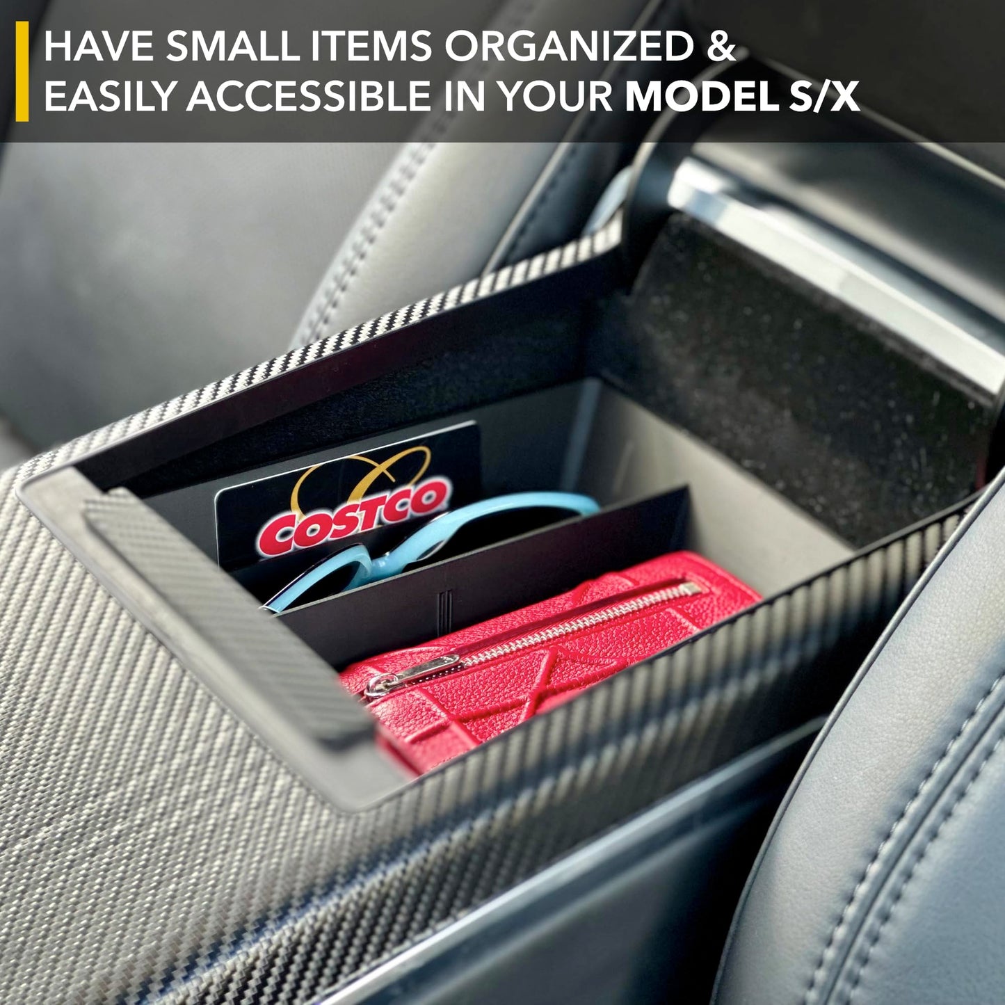TWRAPS Center Console Organizer for Tesla Model X and Tesla Model S, Carbon Fiber Detail Armrest Storage Tray, Premium Faux Leather Inserts, Accessories Fit Model S/X 2025 2024 2023 2022 2021