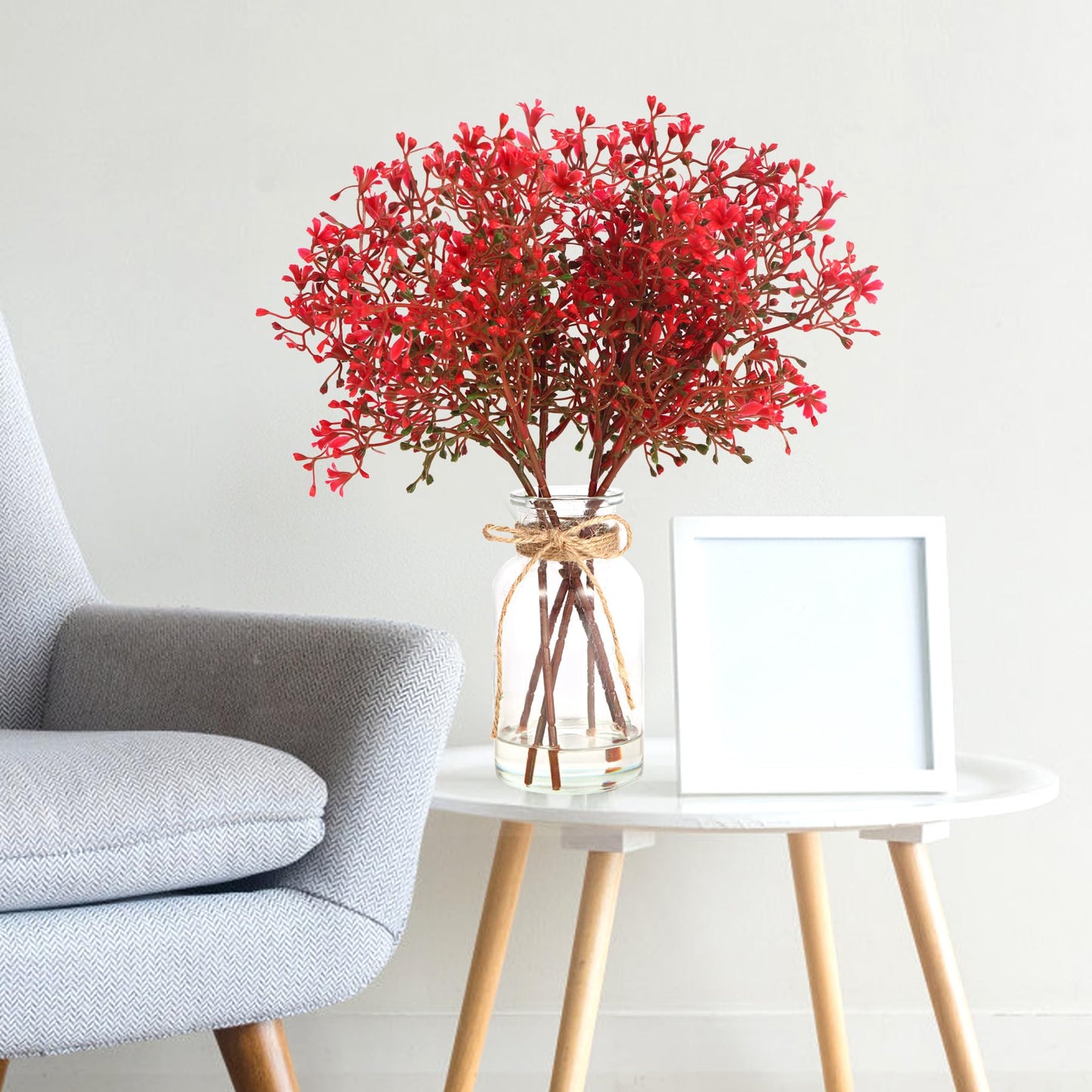 TSIPEKLO Babys Breath Artificial Flowers in Glass Vase with Faux Water, 14" Faux Baby Breath Plastic Red Flowers Fake Gypsophila Flower for Home Office Farmhouse Wedding Centerpiece Décor