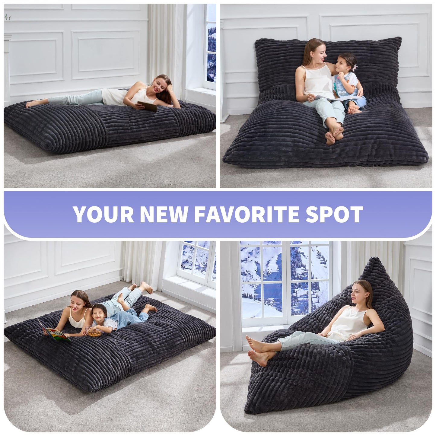 Hobestluk 3 in 1 Bean Bag Chair Giant Bean Bag Chairs Convertible Bean Bag Floor Cushion with Machine Washable Cover, Beanbag Chairs for Adult (Dark Grey)