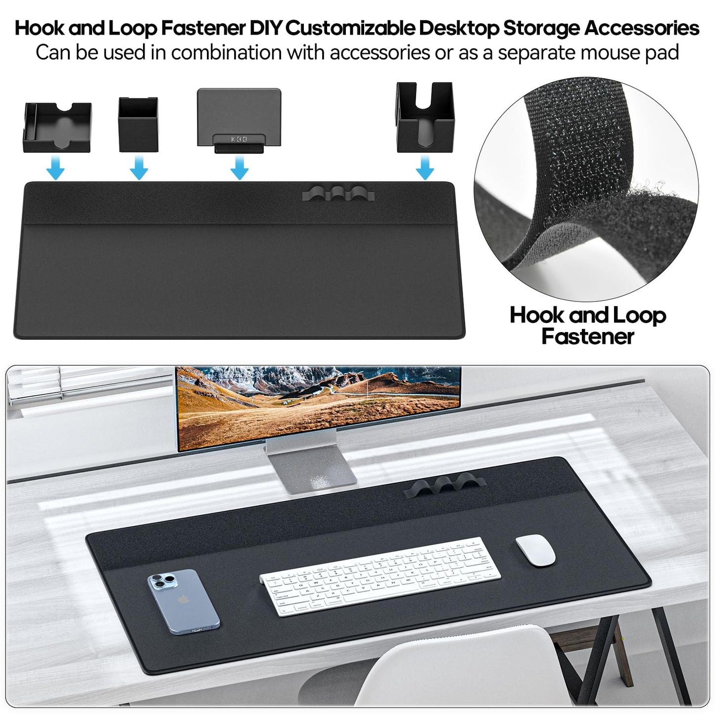 KDD Mouse Pad and Organizer Set - 6 in 1 Desk Mat Storage Accessory with Velcro DIY Feature, Desktop Accessories for Tablet Stand/Cup Holder/Card Holder/Pen Holder/Cable Management for Office and Home