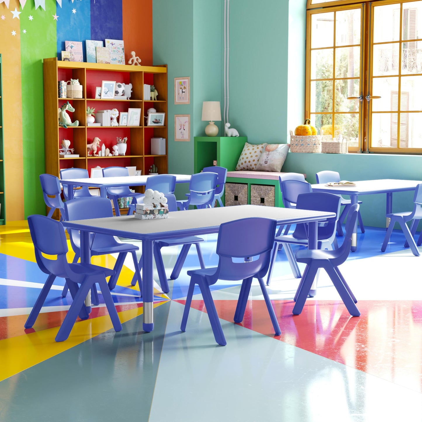 Flash Furniture Emmy Adjustable Classroom Activity Table with 6 Stackable Chairs, Plastic Activity Table for Kids, 23.625" W x 47.25" L, Blue/Gray