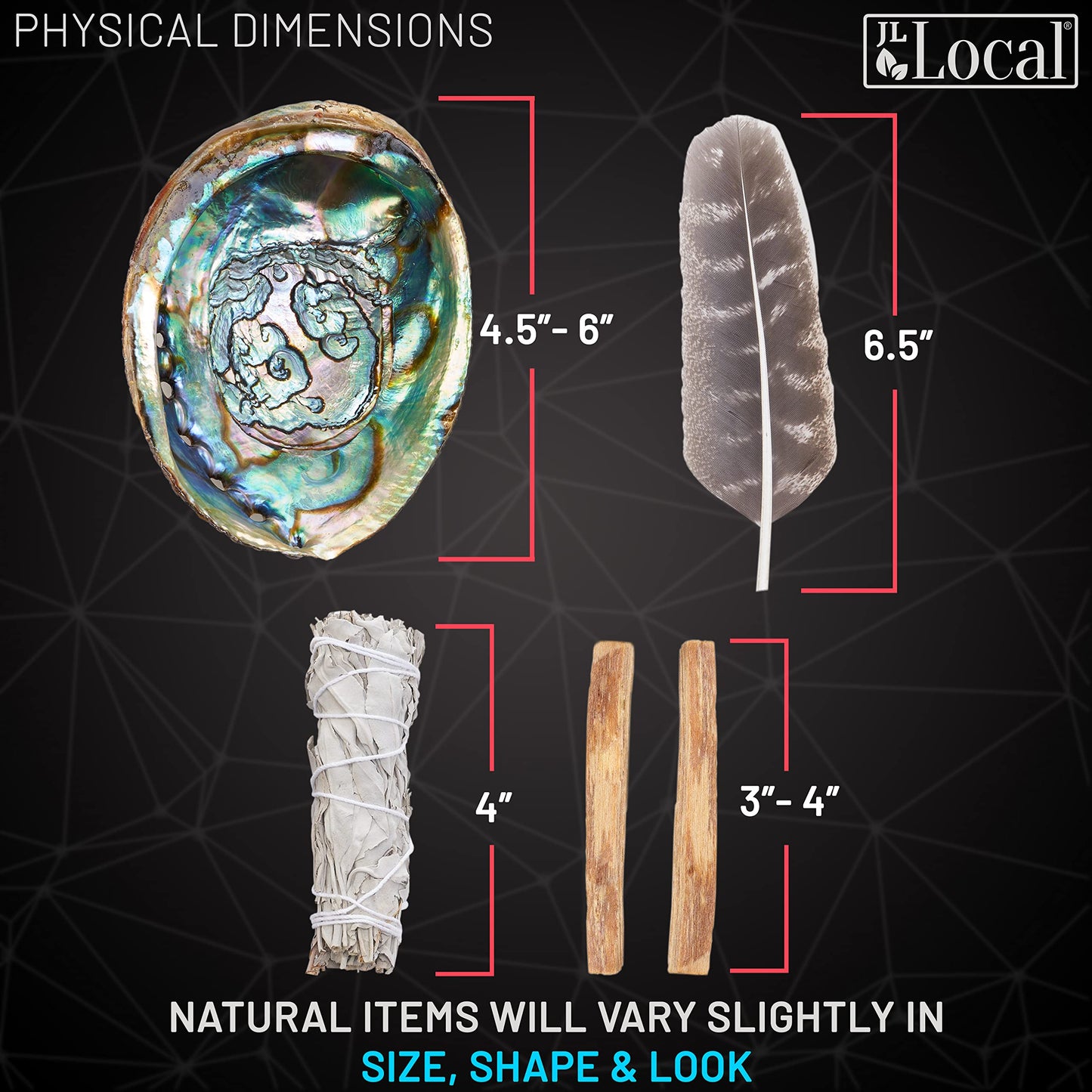 Smudge Kit - White Sage, Palo Santo, Abalone Shell, Smudging Feather, for Healing, Purifying, Meditating & Incense (Essentials)